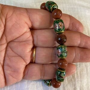 Goldstone & Floral Green‎ Cloisonné Enamel Bead Stretch Bracelet